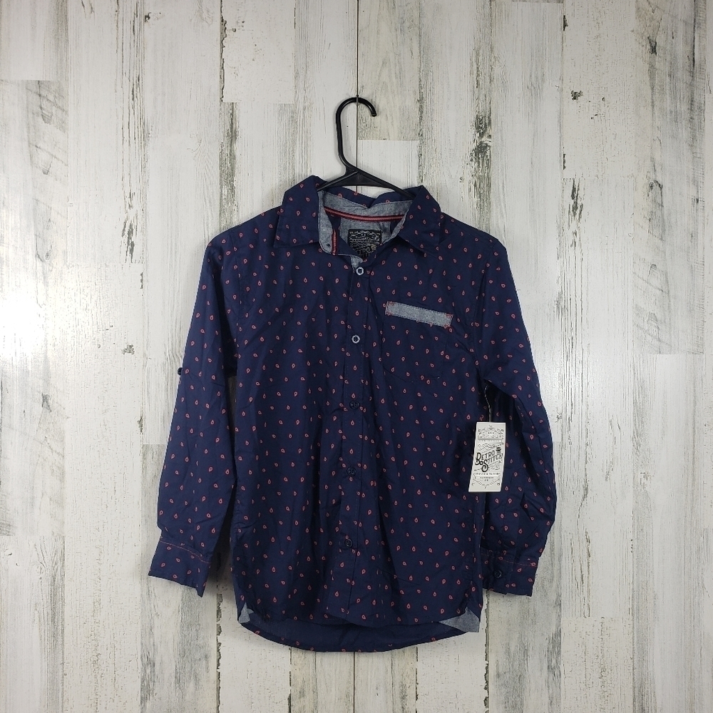new retro stitch boys navy blue, red long sleeve button down shirt size 10